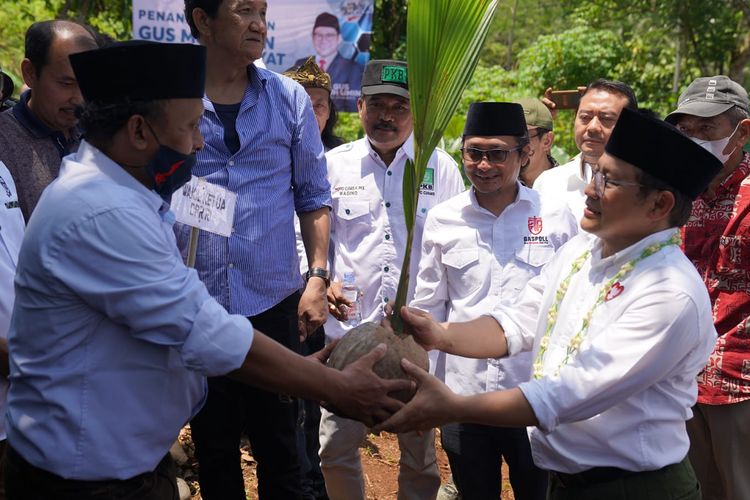 Ketua Umum PKB Muhaimin Iskandar saat hendak menanam pohon kelapa di Desa Margaharja, Kecamatan Sukadana, Kabupaten Ciamis pada Minggu (27/3/2022).