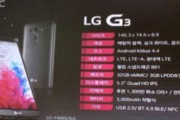 Bocoran slide yang memperlihatkan spesifikasi LG G3
