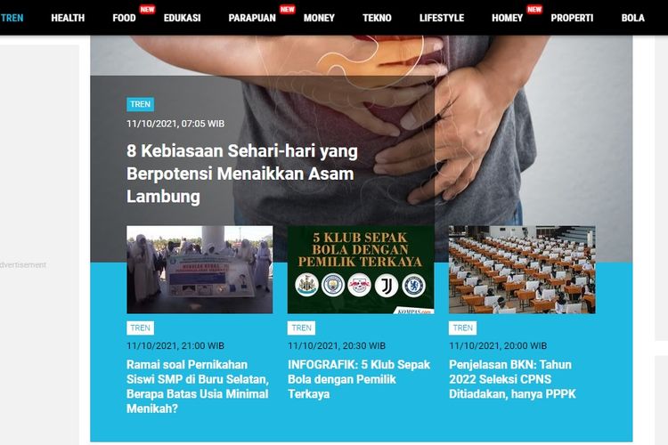 Tangkapan layar berita populer di laman Tren sepanjang Senin (11/10/2021) hingga Selasa (12/10/2021) pagi.