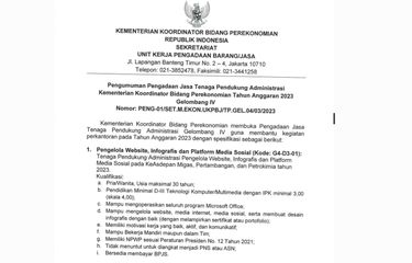Kemenko Perekonomian membuka lowongan kerja untuk posisi pengelola website, infografis, dan platform media sosial.