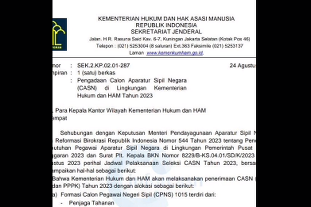Tangkapan layar unggahan TikTok soal perincian formasi CPNS dan PPPK Kemenkumham 2023