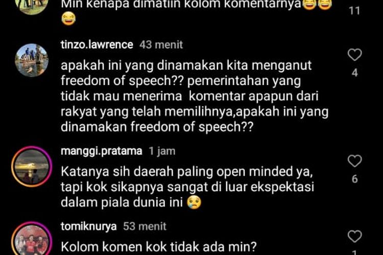 Tangkapan layar pada salah satu postingan akun Instagram Pemprov Bali yang sempat mendapat komentar dari warganet sebelum dimatikan. 
