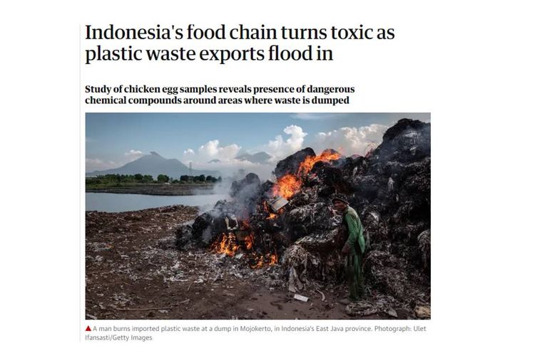 Pemberitaan The Guardian tentang rantai makanan Indonesia yang disebut tercemar limbah plastik.