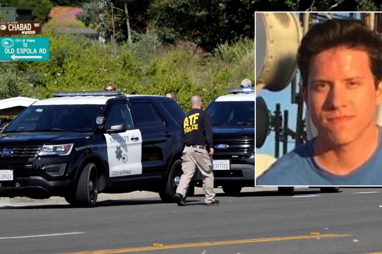 Foto bawah polisi ketika datang ke lokasi penembakan Sinagoge Chabad yang berlokasi di Poway, Amerika Serikat. Foto atas adalah pelaku penembakan yang diidentifikasi bernama John Earnest dan berusia 19 tahun.