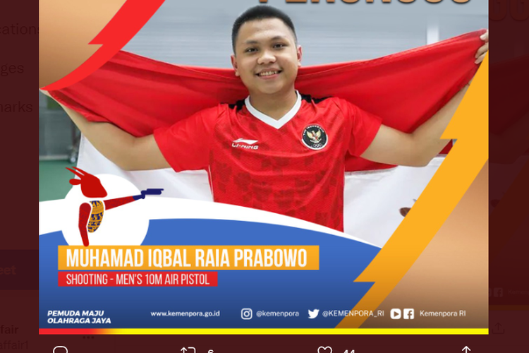 Unggahan akin Twitter @KEMENPORA_RI yang menampilkan prestasi Muhamad Iqbal Raia Prabowo selaku peraih medali perunggu cabor menembak SEA Games 2021 Vietnam.
