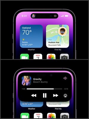 Ilustrasi Dynamic Island pada iPhone 14 Pro dan 14 Pro Max yang bisa menampilkan animasi musik (atas). Ketika ditekan lama, animasi akan menampilkan menu lain dari aplikasi musik (bawah).