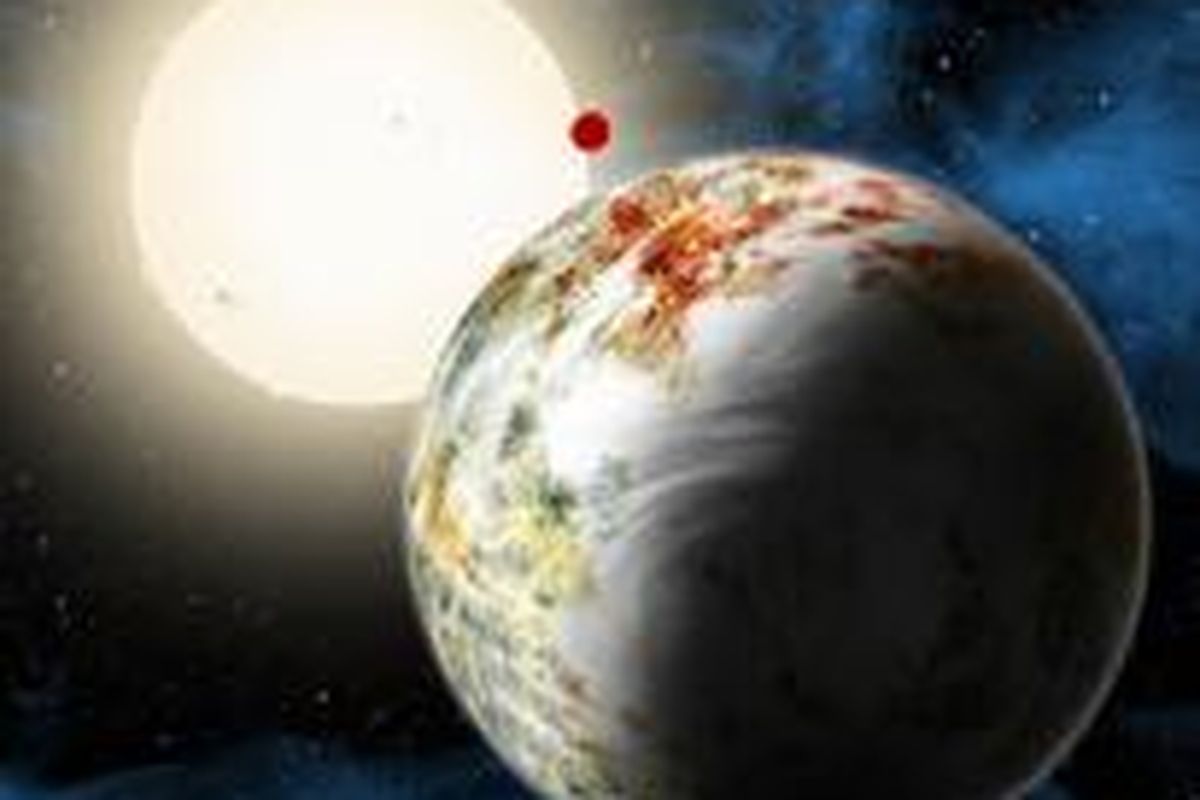 Ilustrasi planet Godzilla Kepler 10-c bersama saudaranya, Kepler 10-b dan bintang induknya. 