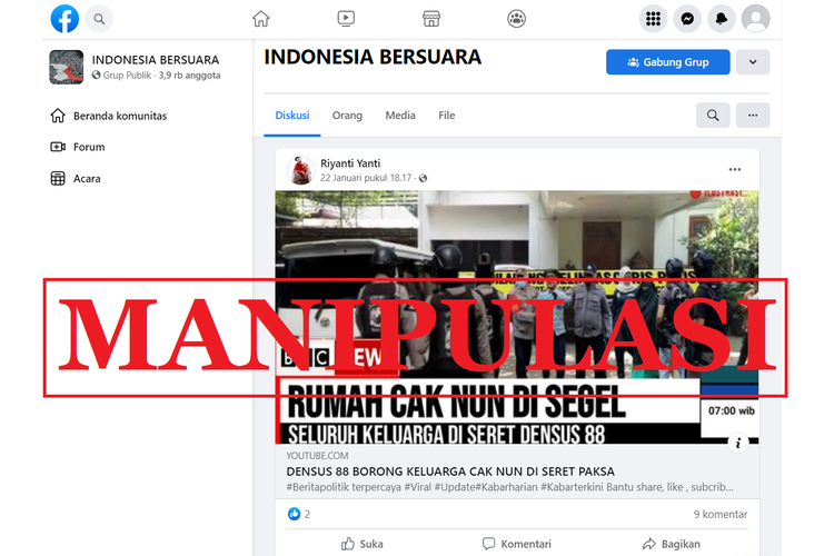 Tangkapan layar konten manipulasi di sebuah akun Facebook, 22 Januari 2023, soal video yang menyebut bahwa Densus 88 menyeret paksa Cak Nun.