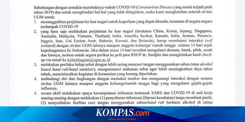 Ugm Keluarkan Surat Edaran Waspada Dini Virus Corona Yang