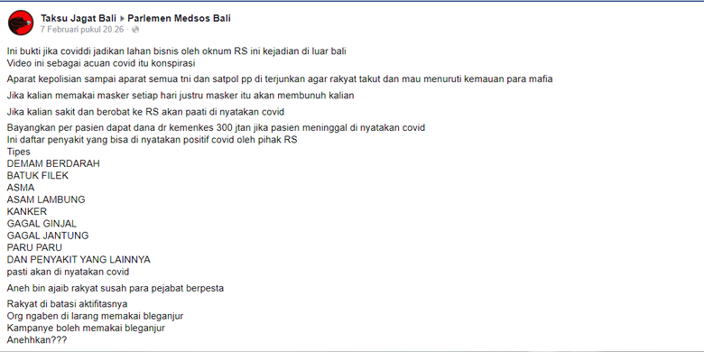 Tangkapan layar unggahan Facebook tentang sejumlah info terkait penanganan Covid-19 di Indonesia