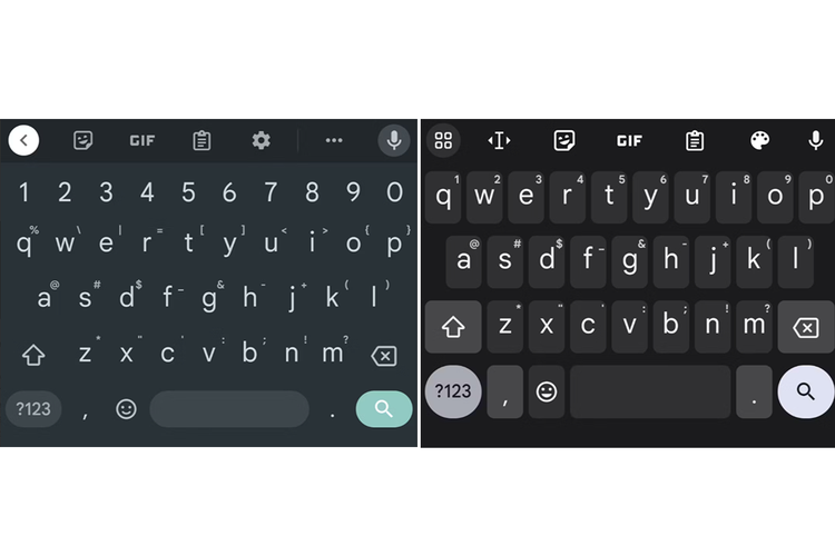 Perbedaan tampilan keyboard Gboard versi lama (kiri) dan versi baru (kanan)