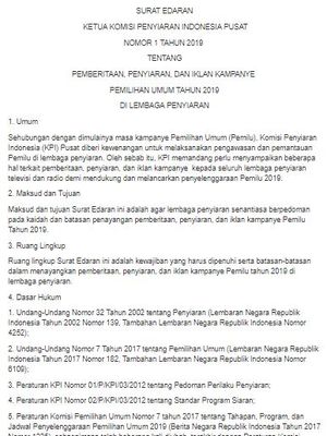 Surat Edaran KPI terkait imbauan pada lembaga penyiaran saat masa tenang dan hari pemungutan suara di Pemilu 2019.