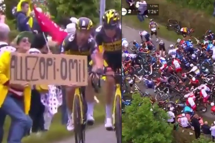 Wanita tak dikenal itu tertangkap kamera memegang tanda bertuliskan ?Ayo kakek-nenek?, dalam campuran bahasa Perancis dan Jerman, menyebabkan 21 pengendara cederanya dalam salah satu kecelakaan terburuk dalam sejarah Tour de France.
