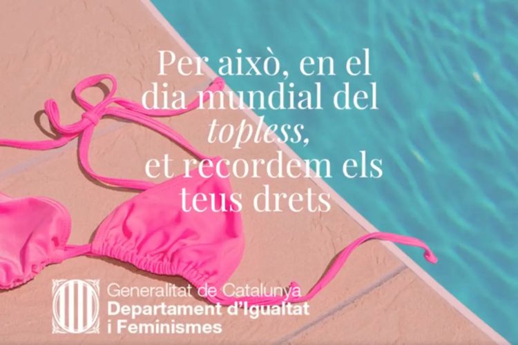 Poster iklan layanan masyarakat dari Departemen Kesetaraan dan Feminisme Catalonia yang mengizinkan hak perempuan berenang telanjang dada di kolam renang umum.