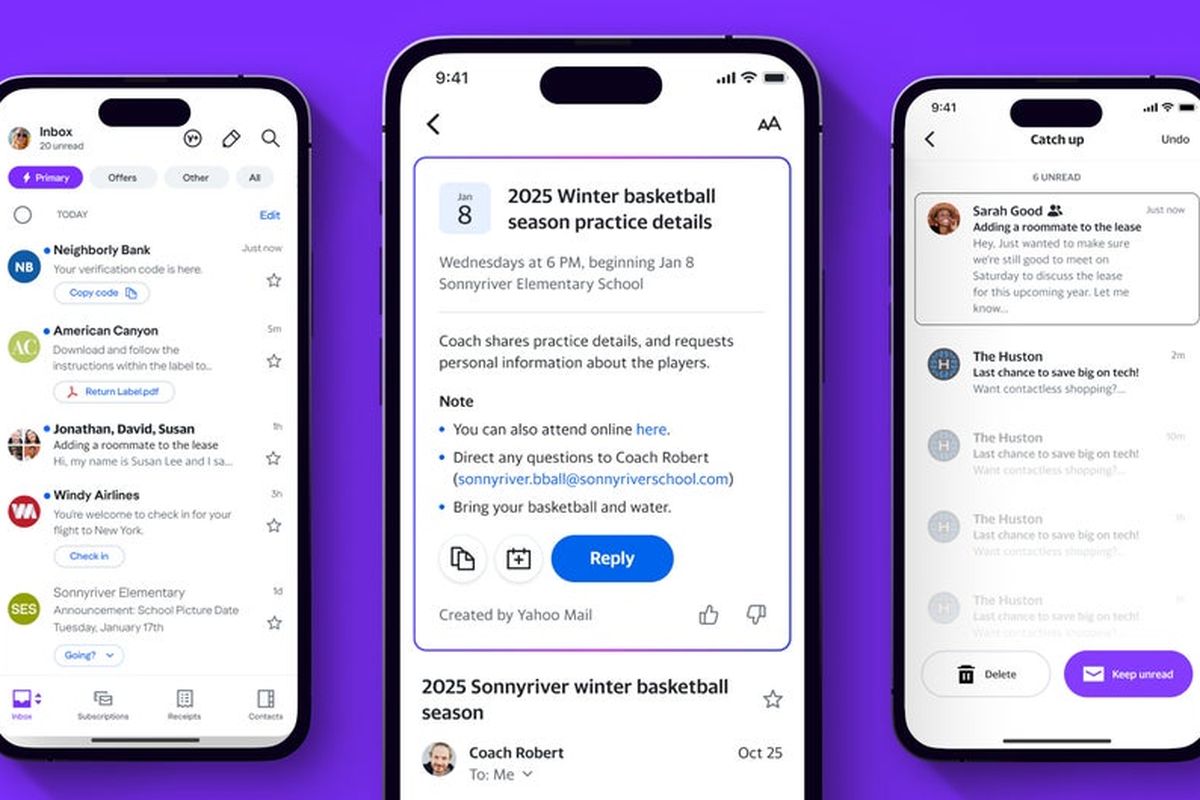 Ilustrasi aplikasi Yahoo Mail dengan fitur AI.