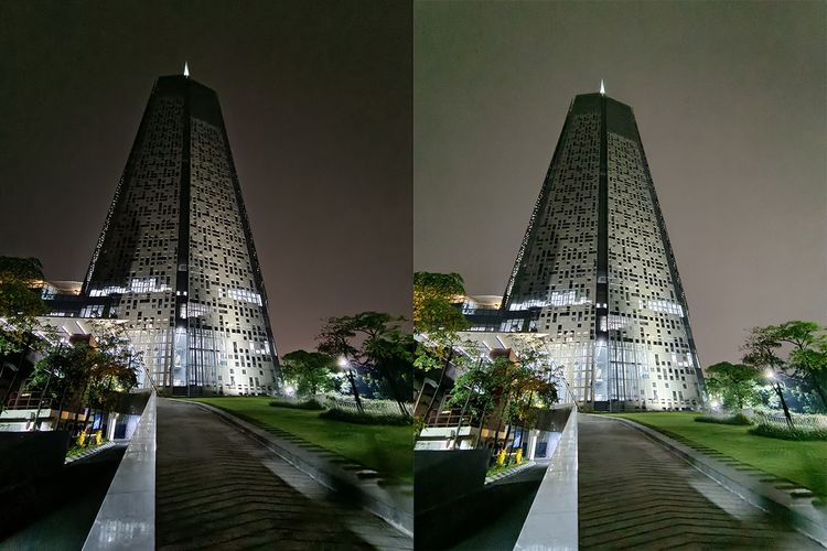 Mode malam X70 Pro bisa membantu kamera ultra wide mendapatkan gambar yang lebih terang dan jernih (foto kanan) dibandingkan mode foto reguler.