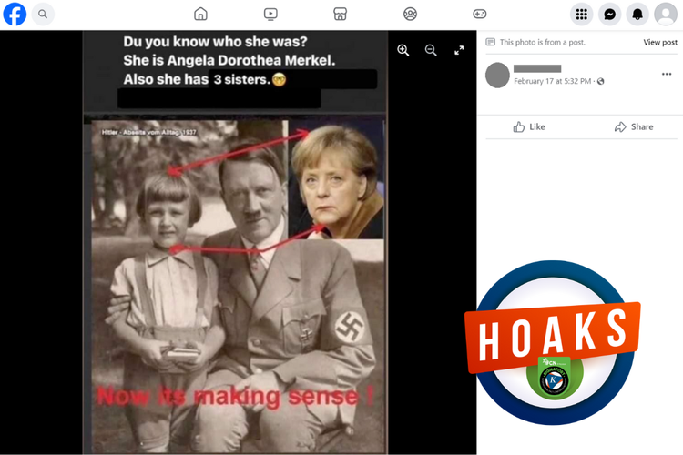 Tangkapan layar konten hoaks di sebuah akun Facebook, Sabtu (17/2/2024), soal Hitler berfoto bersama anak perempuannya bernama Angela Merkel.