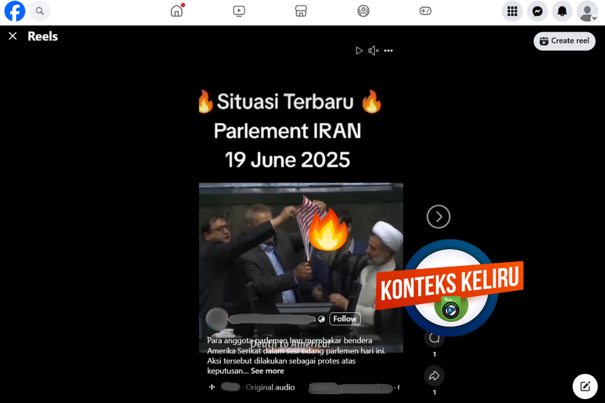 Tangkapan layar konten dengan konteks keliru di sebuah akun Facebook, beisi video parlemen Iran membakar bendera AS pada Kamis (19/6/2025).