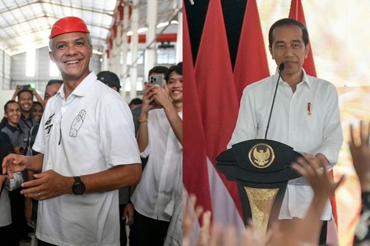 Calon Presiden Ganjar Pranowo (kiri) saat berkampanye di Demak pada Selasa (02/01), dan Presiden Joko Widodo (kanan) saat kunjungan kerja di Purwokerto, Jawa Tengah pada hari yang sama