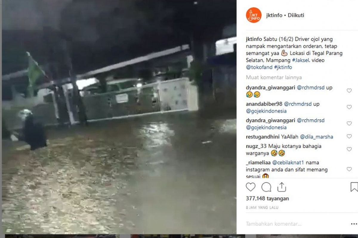 Banjir di kawasan Tegal Parang, Mampang, Jakarta Selatan, Minggu (16/2/2019) malam. 