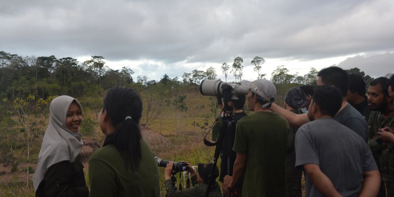 Peserta sedang mengambil gambar dengan kamera untuk burung Julang Sumba di TN MataLawa Sumba, Nusa Tenggara Timur yang sedang makan buah, Senin (6/8/2018).  