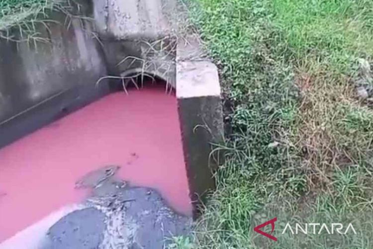 Pencemaran lingkungan oleh limbah di gorong-gorong Jalan Tol Jakarta-Cikampek Kilometer 39 Desa Hegarmukti, Kecamatan Cikarang Pusat, Kabupaten Bekasi, Jawa Barat.