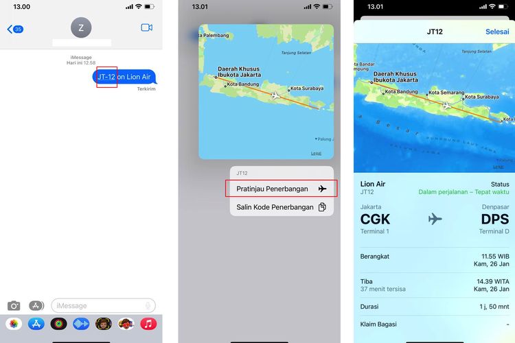 Ilustrasi cara cek status penerbangan pesawat di iPhone via iMessage.