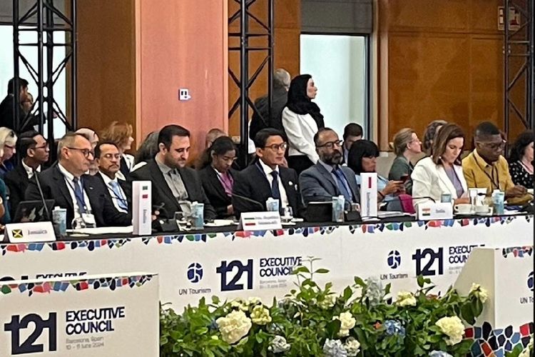 Menparekraf Sandiaga Salahuddin Uno saat menghadiri 121st Session of Executive Council UN Tourism Meeting di Barcelona, Spanyol, selasa, (11/6/2024).