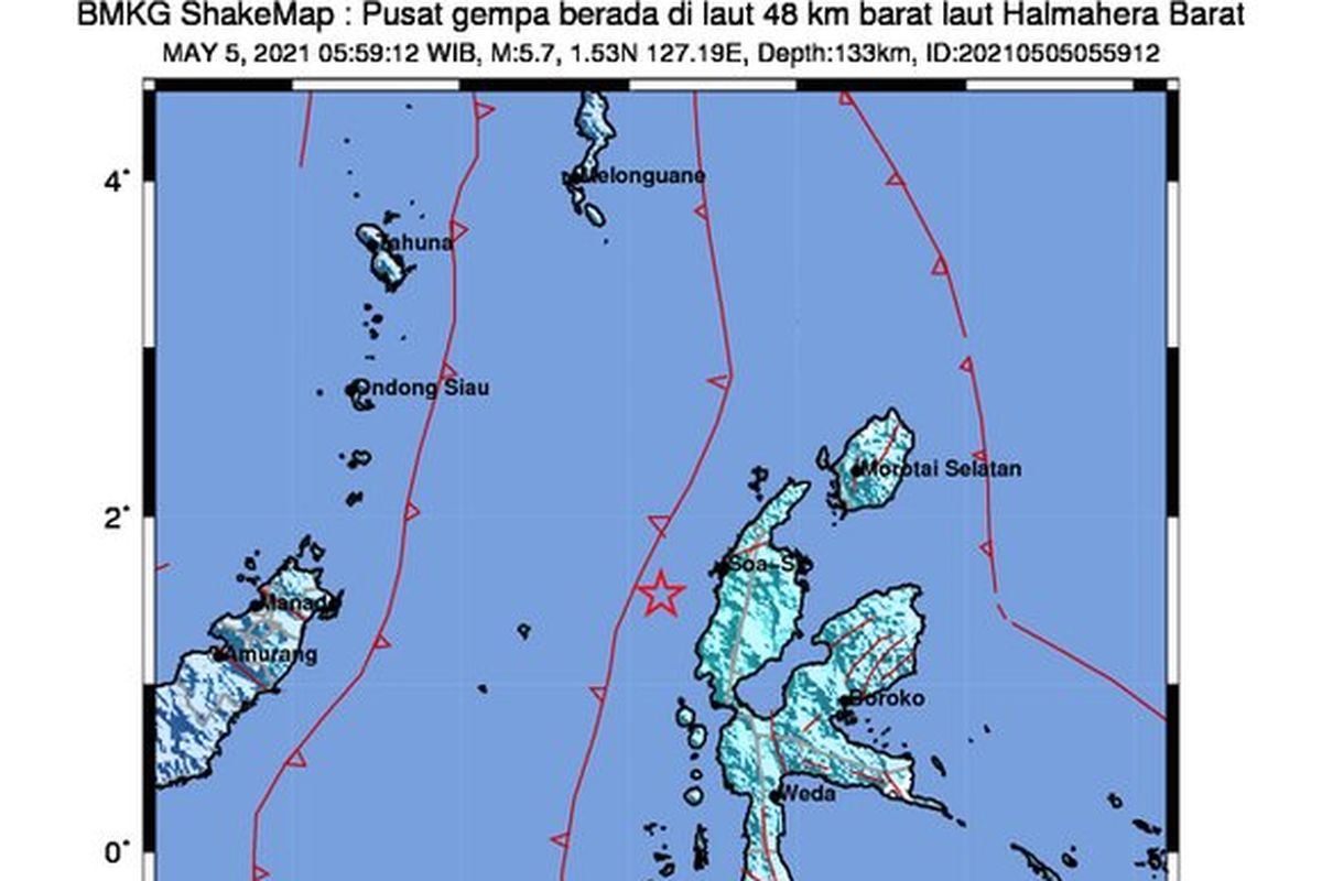Rabu, 5 Mei 2021 pukul 5.59 WIB, Halmahera Barat diguncang gempa M 5,7. Getaran gempa terasa hingga Manado.