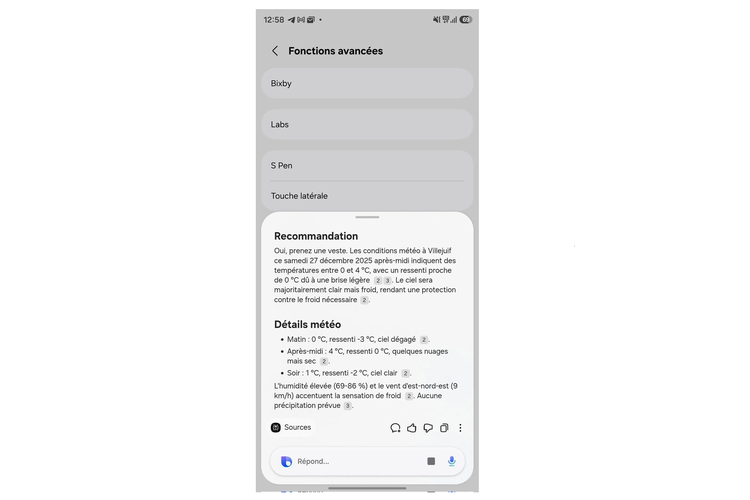 Tangkapan layar Bixby bertenagah Perplexity AI yang bisa kasih jawaban real time soal cuaca dan rekomendasi outfit.
