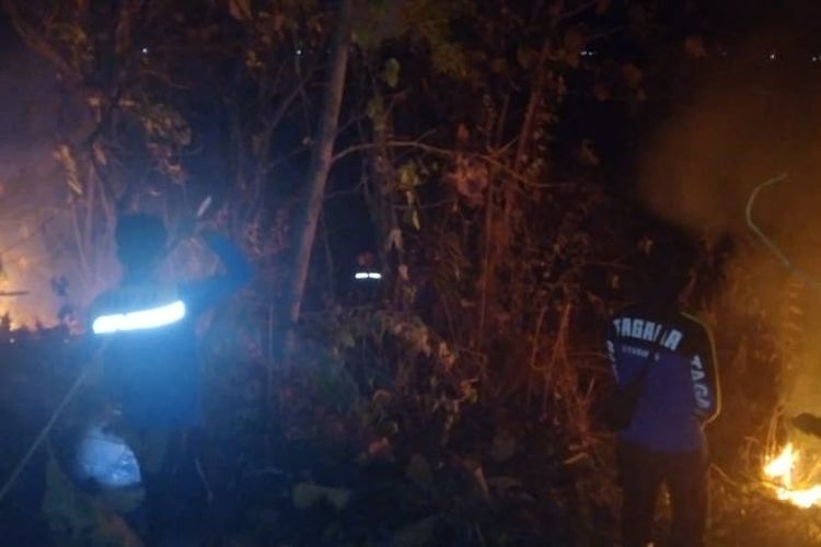 Proses pemadaman api di hutan jati Desa Bugeman, Kecamatan Kendit, Kabupaten Situbondo, Provinsi Jawa Timur pada Rabu (14/6/2023) malam.
