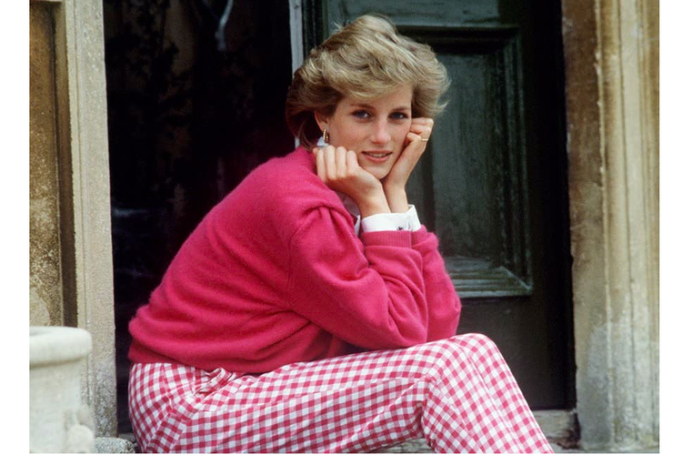 Putri Diana diabadikan saat mengenakan celana panjang motif kotak-kotak berwarna merah muda yang serasi dengan jumper merah muda dan kemeja putih. 