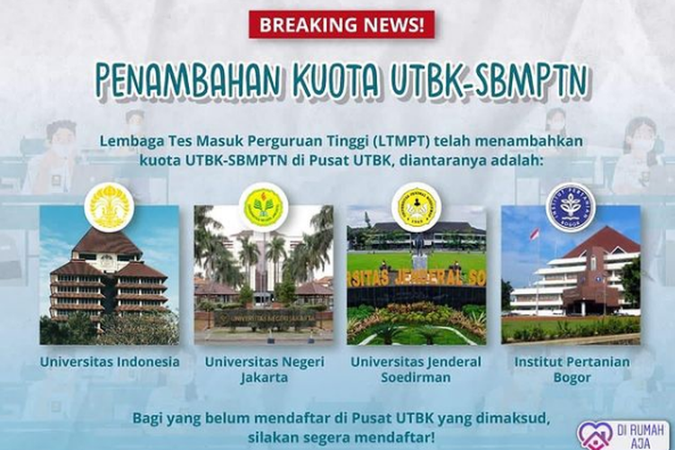 Lembaga Tes Masuk Perguruan Tinggi (LTMPT) menambah kuota UTBK-SBMPTN di 4 perguruan tinggi negeri.