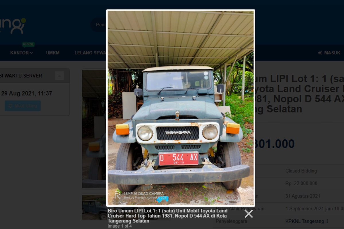 Tangkapan layar laman lelang Land Cruiser Hardtop yang akan diselenggarakan pemerintah di situs lelang.go.id