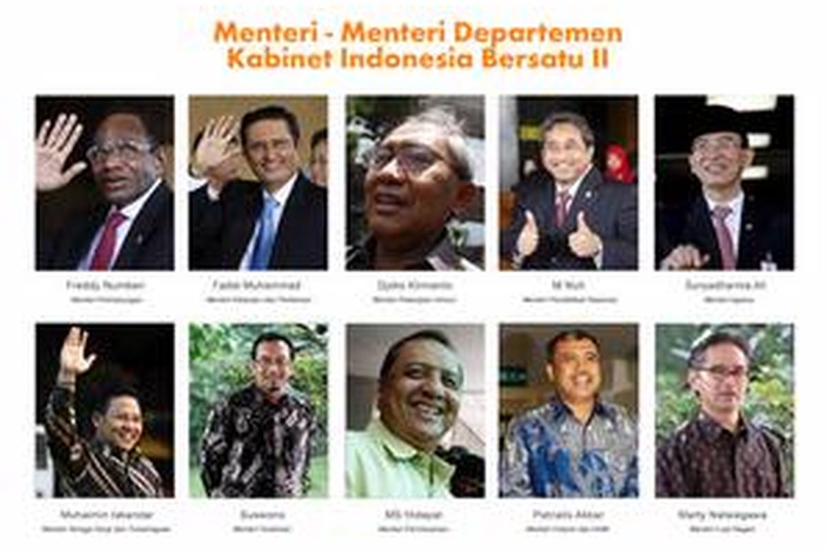 Menteri-Menteri Departemen yang diumumkan Presiden Susilo Bambang Yudhoyono di Istana Negara, Rabu (21/10) malam.