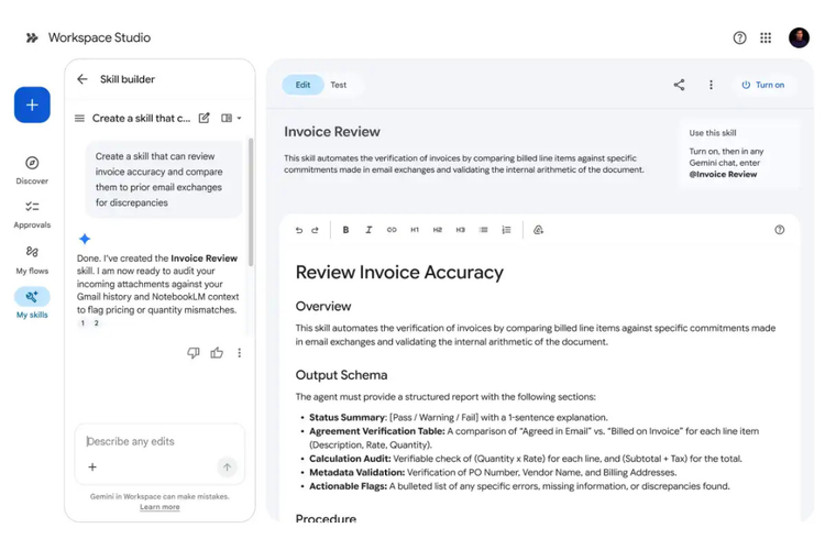 Google meningkatkan kemampuan fitur Skills di Workspace Studio yang memungkinkan otomatisasi tugas, seperti meninjau invoice dan mendeteksi kesalahan penagihan secara otomatis.