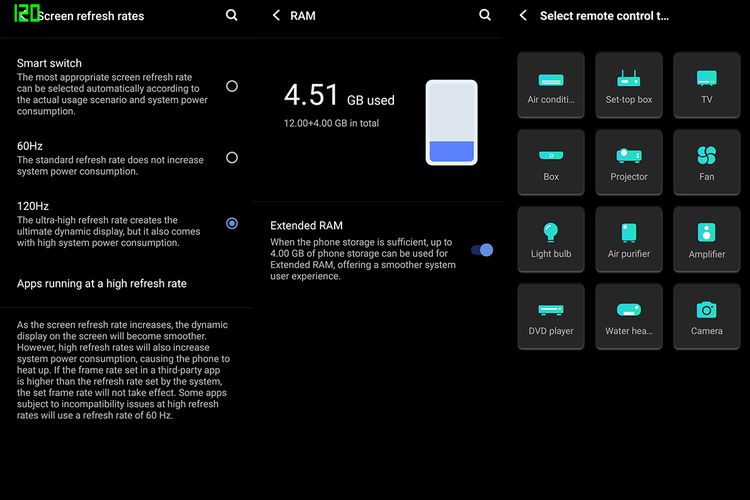 Layar Vivo X70 Pro mendukung refresh rate hingga 120 Hz yang bisa dipilih secara manual atau otomatis (kiri). Meskipun jumlah RAM 12 GB yang disediakan masih tergolong mencukupi, ada fitur extended RAM hingga 4 GB sebagai pelengkap (tengah). Aplikasi Smart Remote (kanan) digunakan untuk mengendalikan berbagai jenis perangkat elektronik seperti televisi dan AC lewat IR blaster.