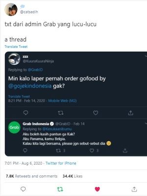 Tangkapan layar berisikan interakasi admin Grab Indonesia dengan pelanggan pada akun Twitter. 