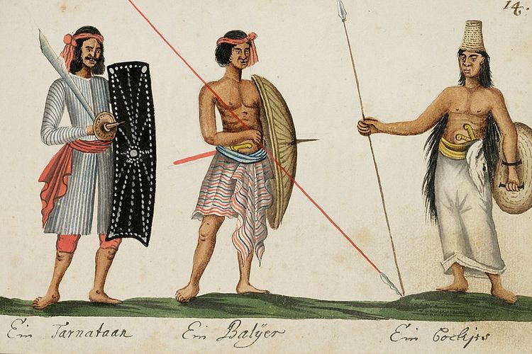 Para pejuang dari Ternate (kiri), Bali (tengah), dan Bugis (kanan), pada masa pemerintahan Sultan Mandarsyah di Ternate.