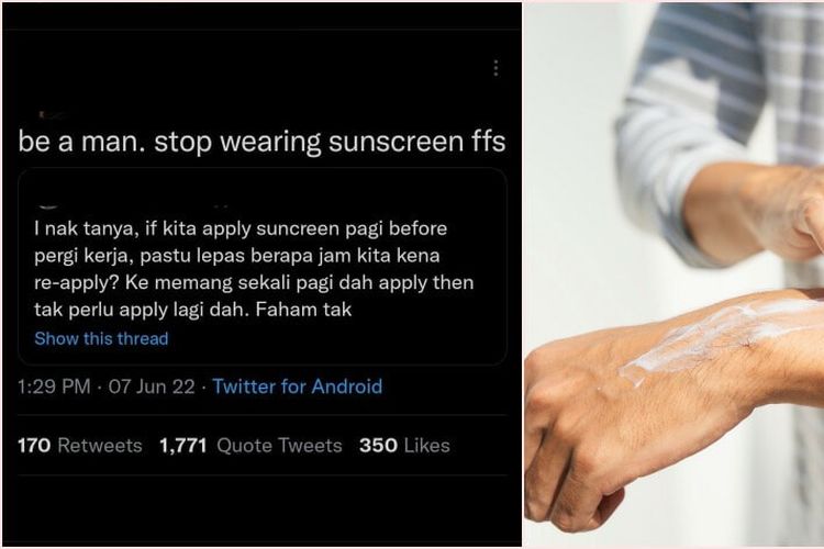 Tangkapan layar posting netizen Malaysia yang menyarankan pria berhenti gunakan sunscreen atau tabir surya.