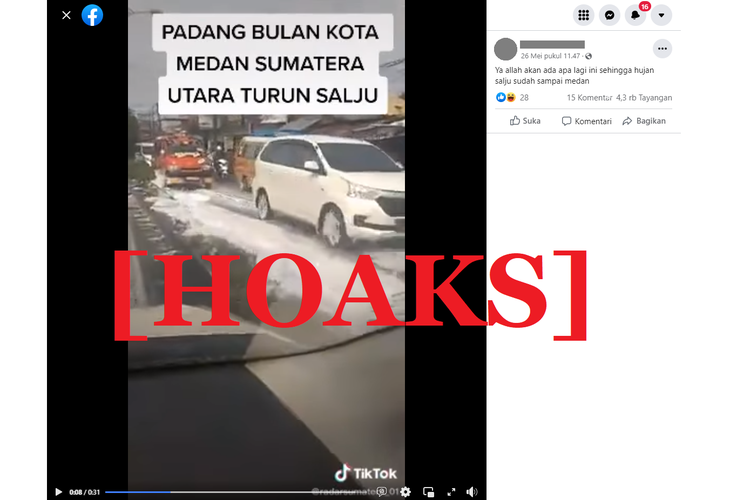 Tangkapan layar unggahan hoaks di sebuah akun Facebook, Kamis (26/5/2022), mengenai fenomena turunnya hujan salju di Padangbulan, Medan, Sumatera Utara.