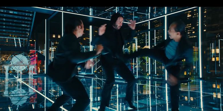 Cuplikan dalam trailer film John Wick 3 yang menampilkan adegan Cecep A Rahman, Yayan Ruhian, Keanu Reeves saling hajar.