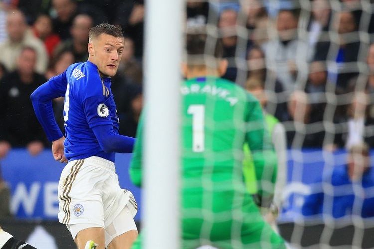 Jamie Vardy mencetak dua gol pada pertandingan Leicester City vs Newcastle United di Stadion King Power dalam lanjutan Liga Inggris, 29 September 2019. 