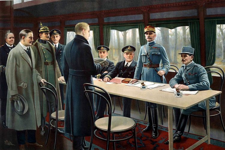 Ilustrasi perjanjian gencatan senjata antara Jerman dan Sekutuu pada masa Perang Dunia I.