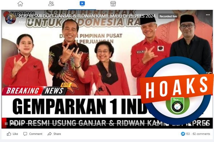 Tangkapan layar Facebook narasi yang menyebut PDI-P resmi mengusung pasangan Ganjar Pranowo dan Ridwan Kamil di Pilpres 2024