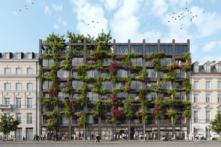 Tampilan kawasan co living, yang terbuat dari modular prefabrikasi PolyRoom. Ini adalah proyek kerja sama antara Studio desain arsitektur Paris, Cutwork daan pengembang terkemuka Prancis, Bouygues Immobilier. 