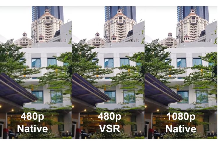 Perbandingan hasil gambar video YouTube dengan resolusi 480p (kiri), 480p dengan VSR setting 4 (tengah), dan resolusi 1080p