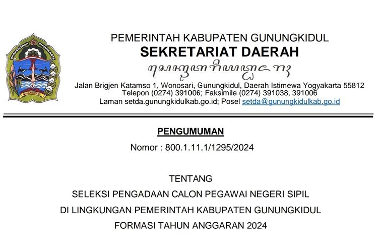 Pengumuman seleksi dan formasi CPNS 2024 di lingkungan Pemerintah Kabupaten Gunungkidul .