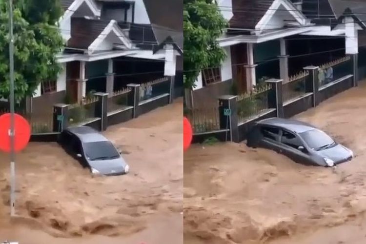 Tangkapan layar video sebuah mobil terseret arus banjir di Jember, Jawa Timur.