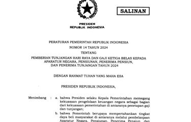 Tangkapan layar PP Nomor 14 Tahun 2024 yang mengatur soal pencairan dan besaran THR dan gaji ke-13 bagi PNS, TNI/Polri, dan pejabat negara.